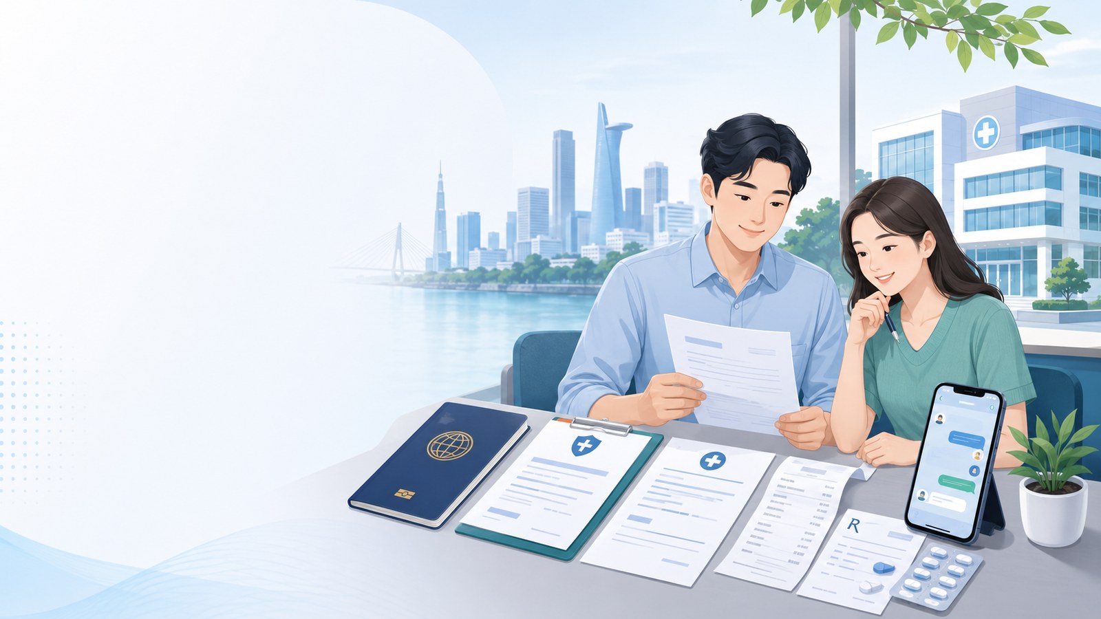 베트남 병원 이용 후 보험금 청구서류를 준비하는 한국인 장기체류자 부부 삽화
